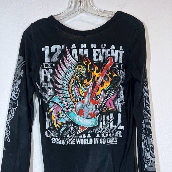 Vintage Black Mini Dress Tunic Top Rock Swarovski Rhinestone Retro Winged Guitar - Picture 1 of 12